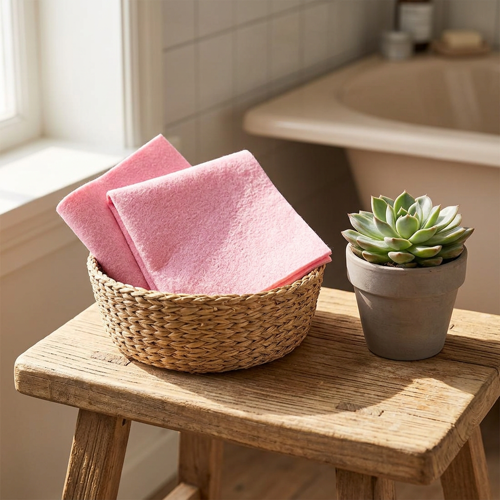 Rosa alt-mulig-klude i en kurv ved en plante på en solrig skammel.