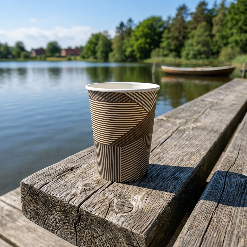 ABENA Gastro Lines kaffebæger på træbænk ved sø i solskin
