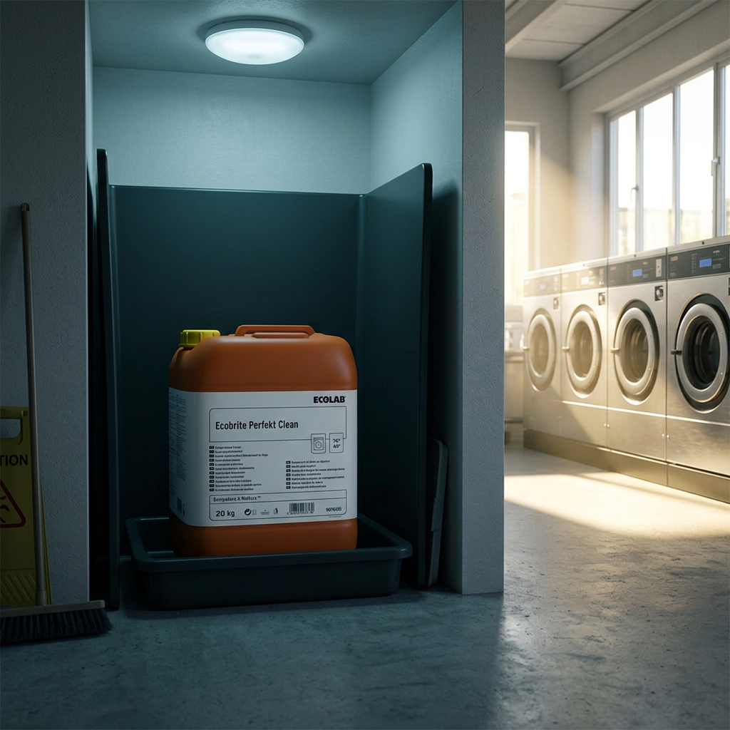 Ecobrite Perfekt Clean i skygget niche med sol i vaskeriet bagved, stemningsbillede