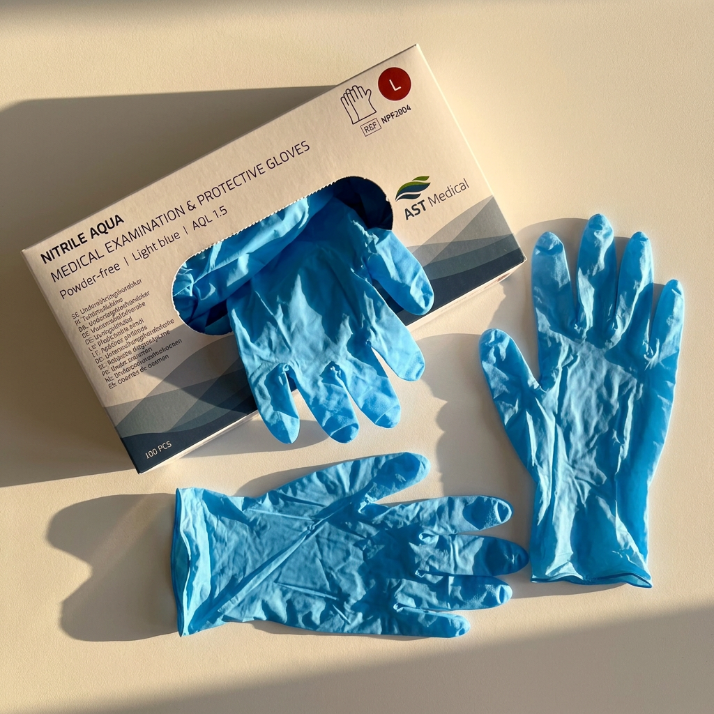 Blå nitrilhandsker og Nitrile Aqua L set ovenfra