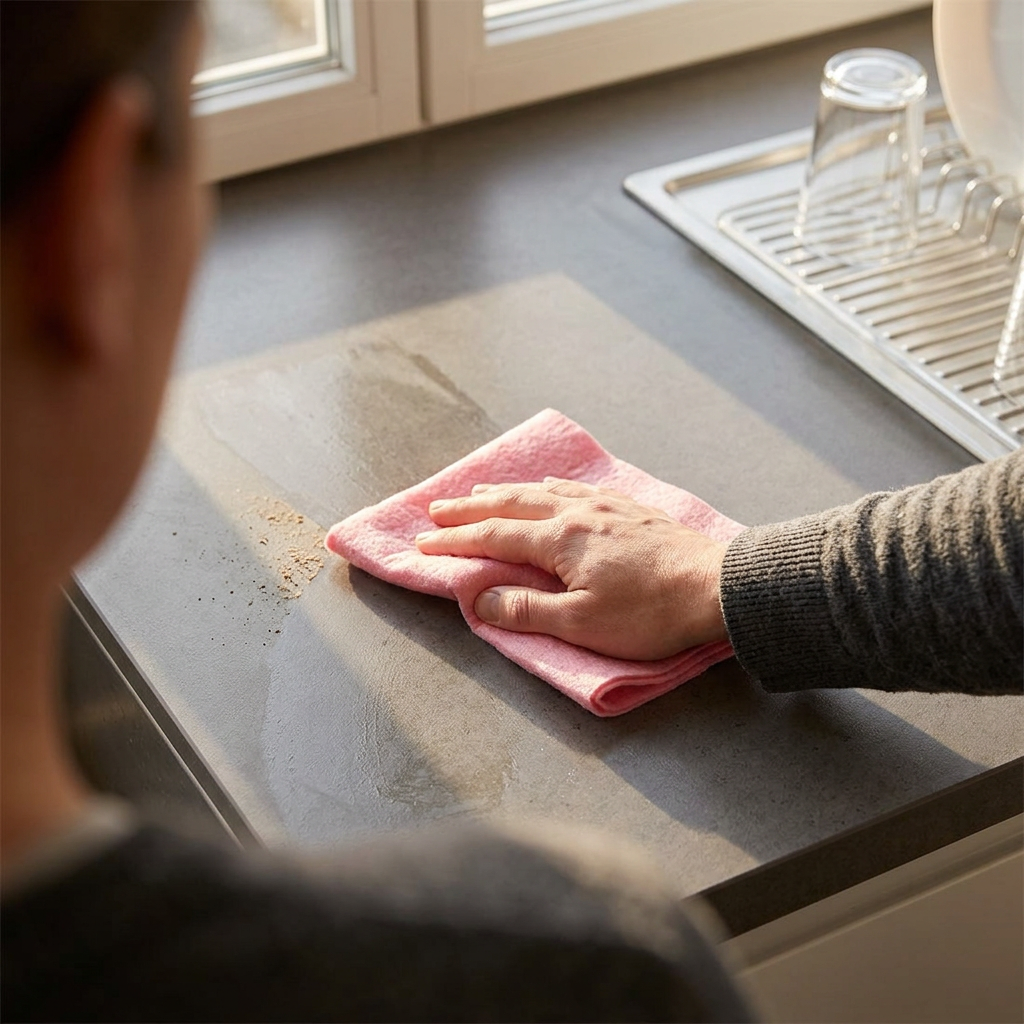 Voksen aftørrer køkkenbord med rosa universalklud