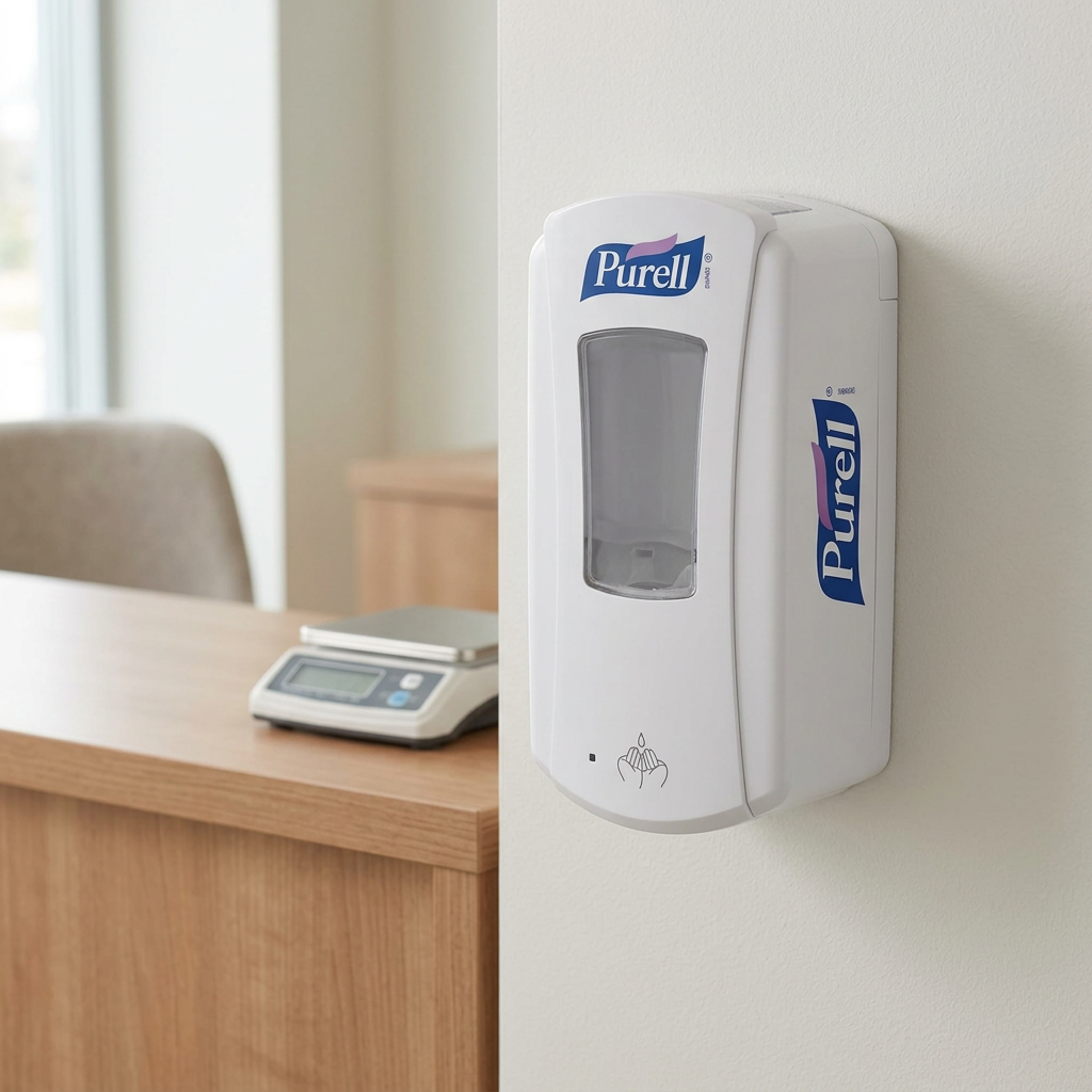 Hvid Purell LTX-12-dispenser ved reception