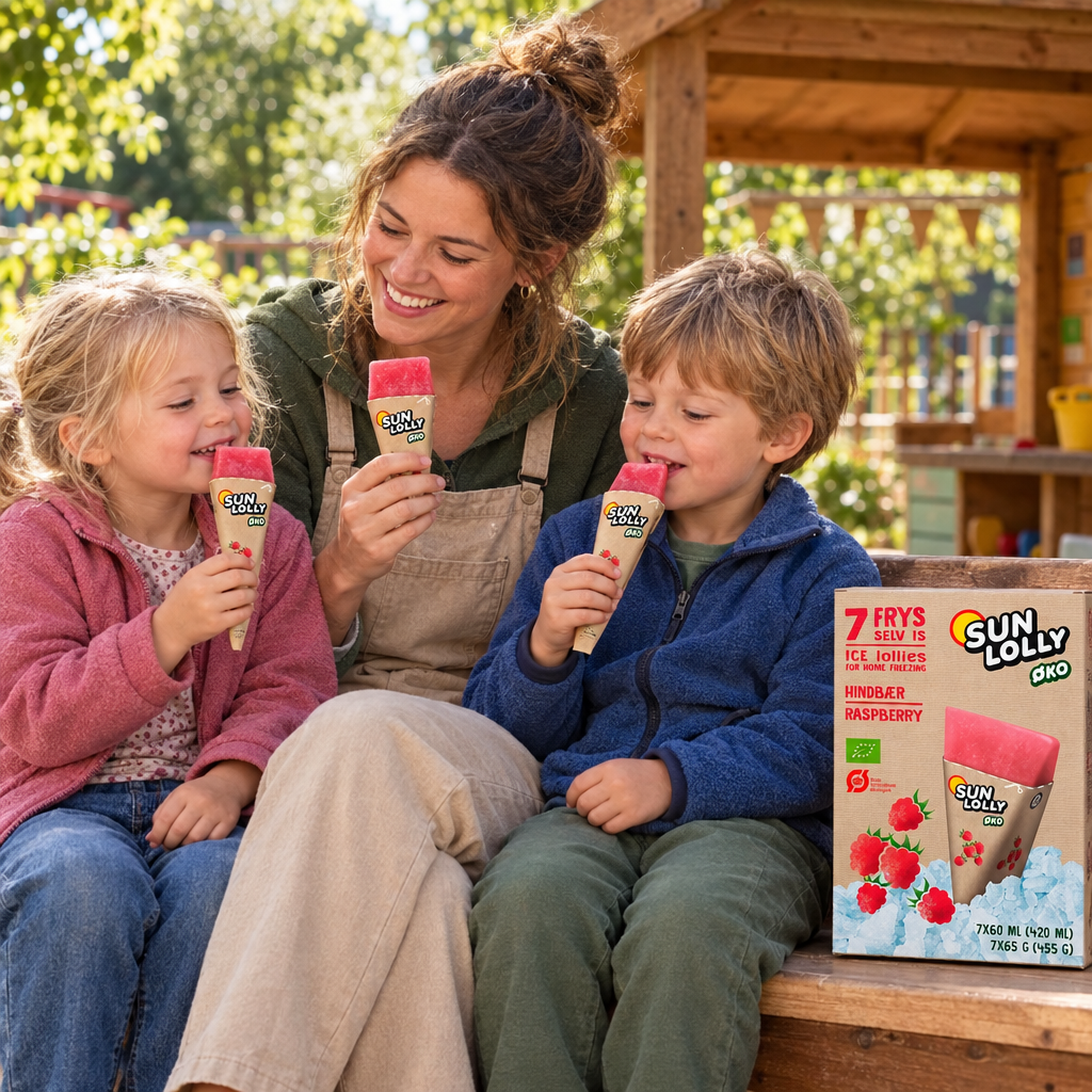 Voksen og to børn med Sun Lolly ØKO Hindbær i børnehavens have