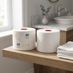 Tork Extra Soft T6-toiletruller på træhylde ved hvide håndklæder