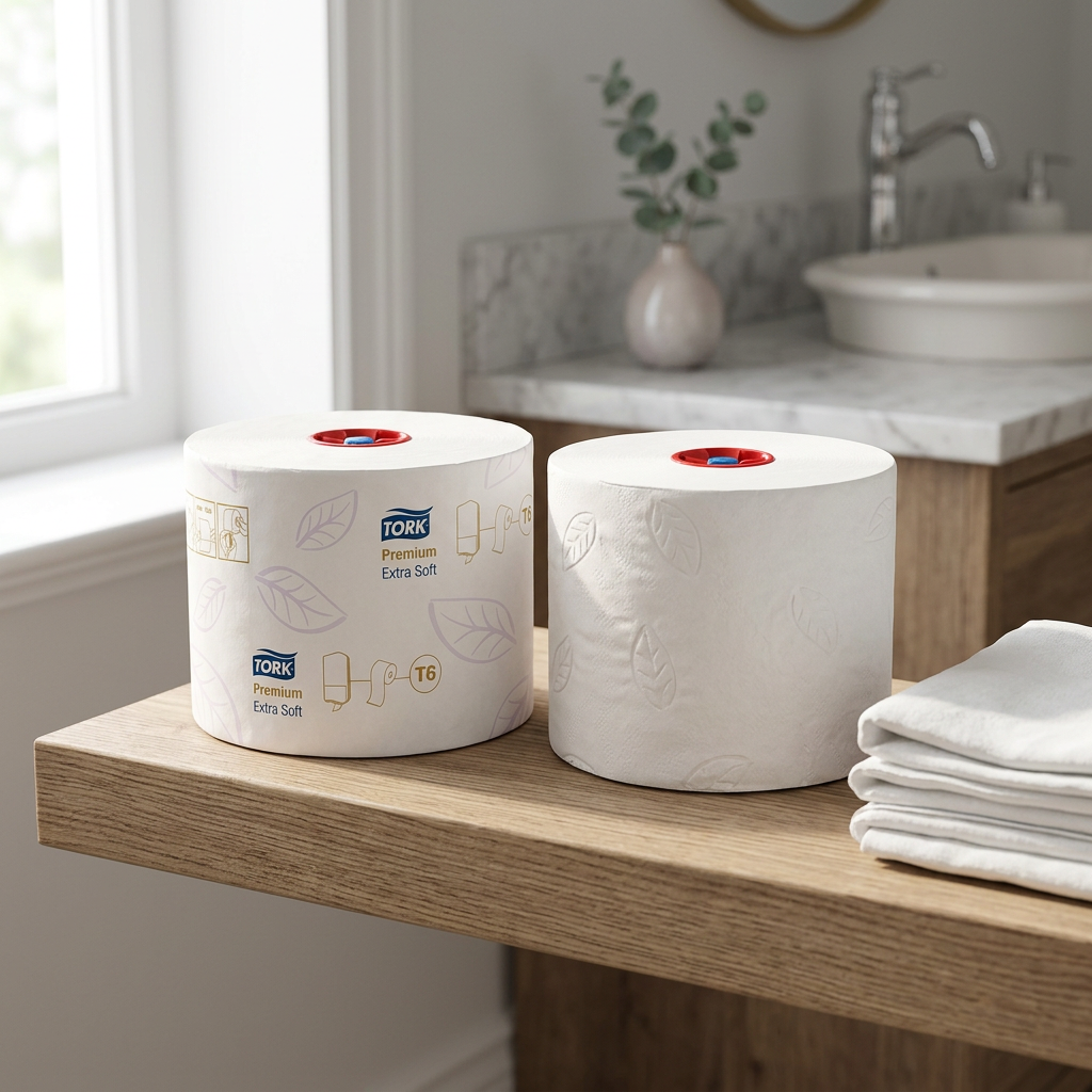 Tork Extra Soft T6-toiletruller på træhylde ved hvide håndklæder