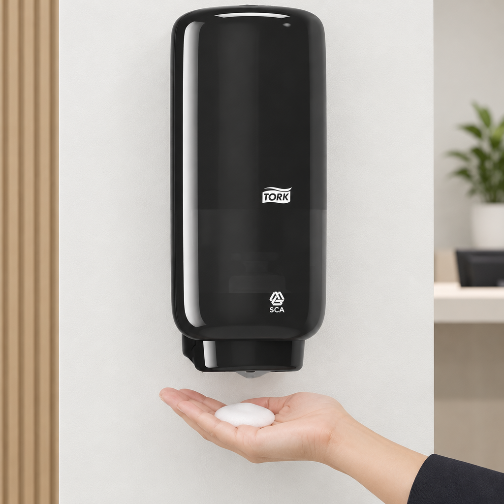 Sort Tork TouchFree-dispenser med desinfektionsskum i hånden