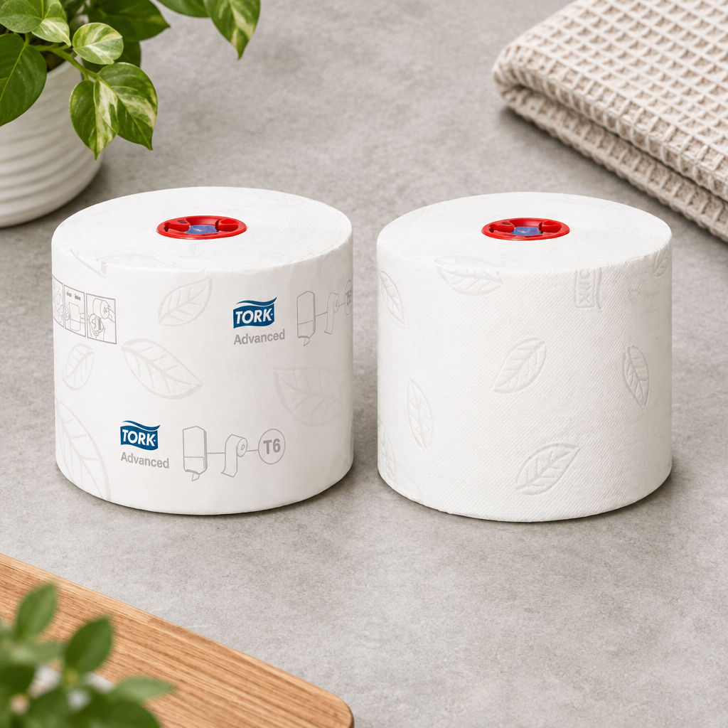 Indpakkede Tork Advanced T6-toiletpapirruller set ovenfra