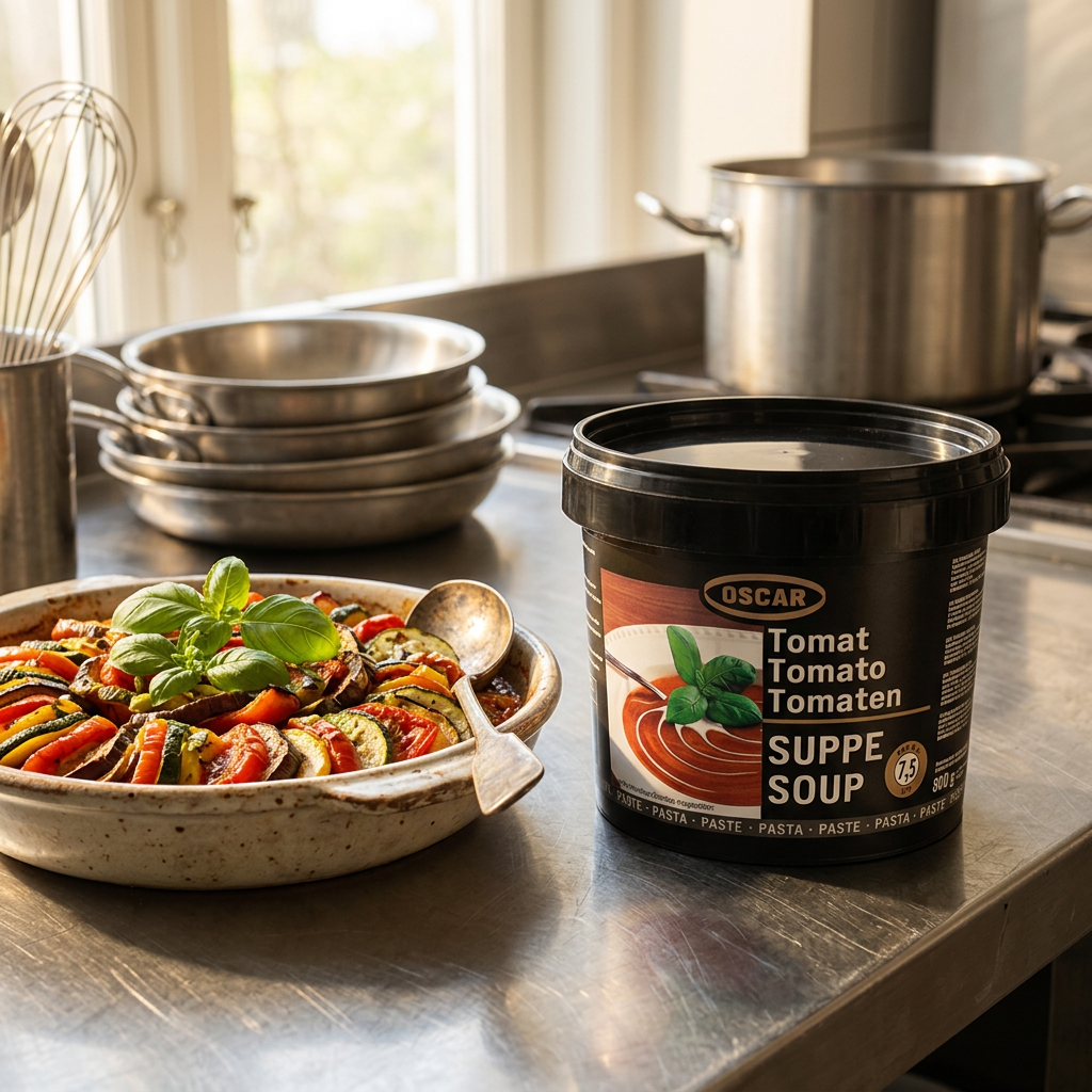 OSCAR tomatsuppepasta ved ratatouille i et lyst køkken