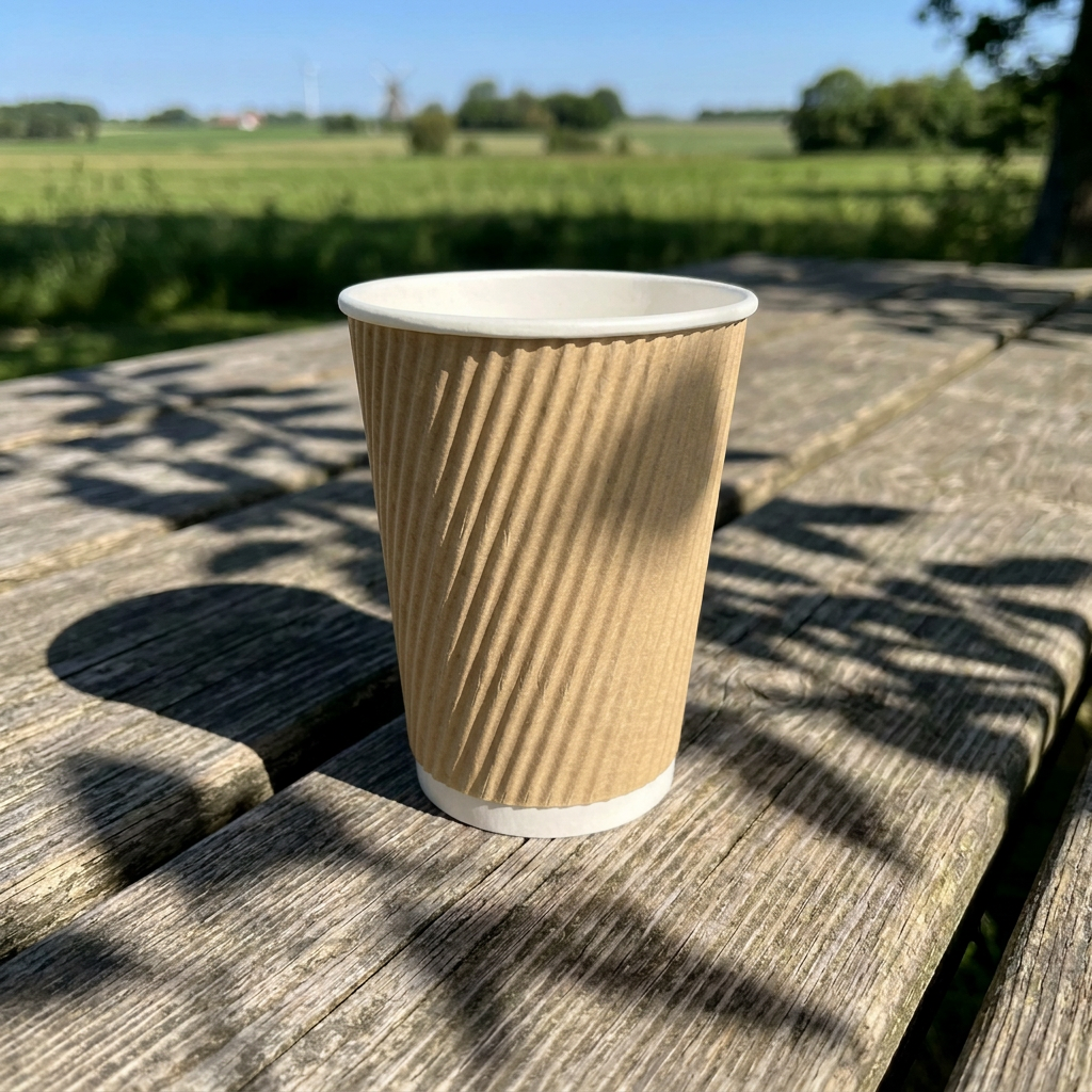Brunt kaffebæger uden tryk på træbord med grønt landskab i solskin