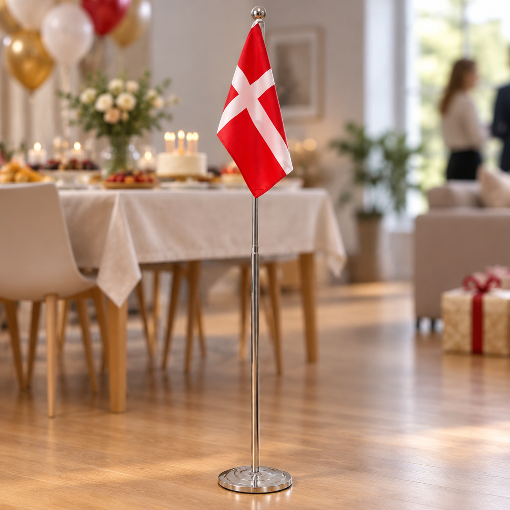 Dannebrog gulvflag i brug ved en fødselsdagsopstilling