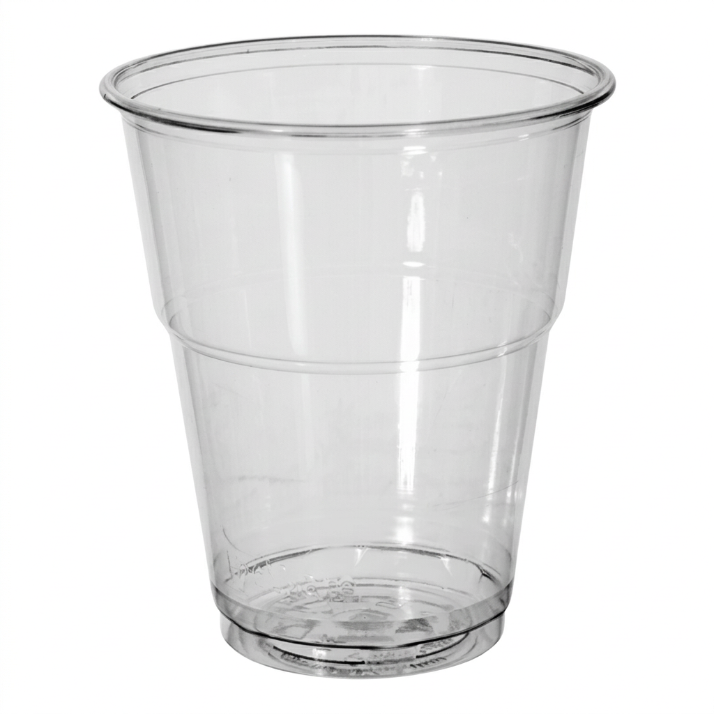 Klart PLA-plastglas 30 cl på hvid baggrund