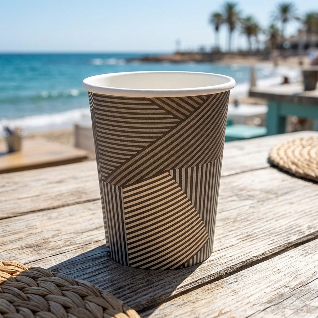 ABENA Gastro Lines kaffebæger på cafébord ved havet i solskin