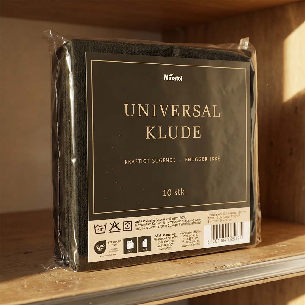 Pakke med Minatol sorte universalklude på solbeskinnet hylde