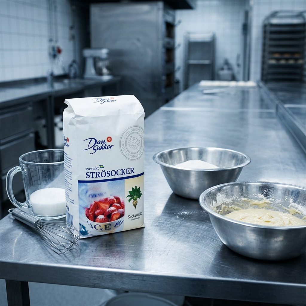 Dansukker sukker 2 kg ved målekande, piskeris og røreskåle i bagekøkken; redskaber er ikke inkluderet