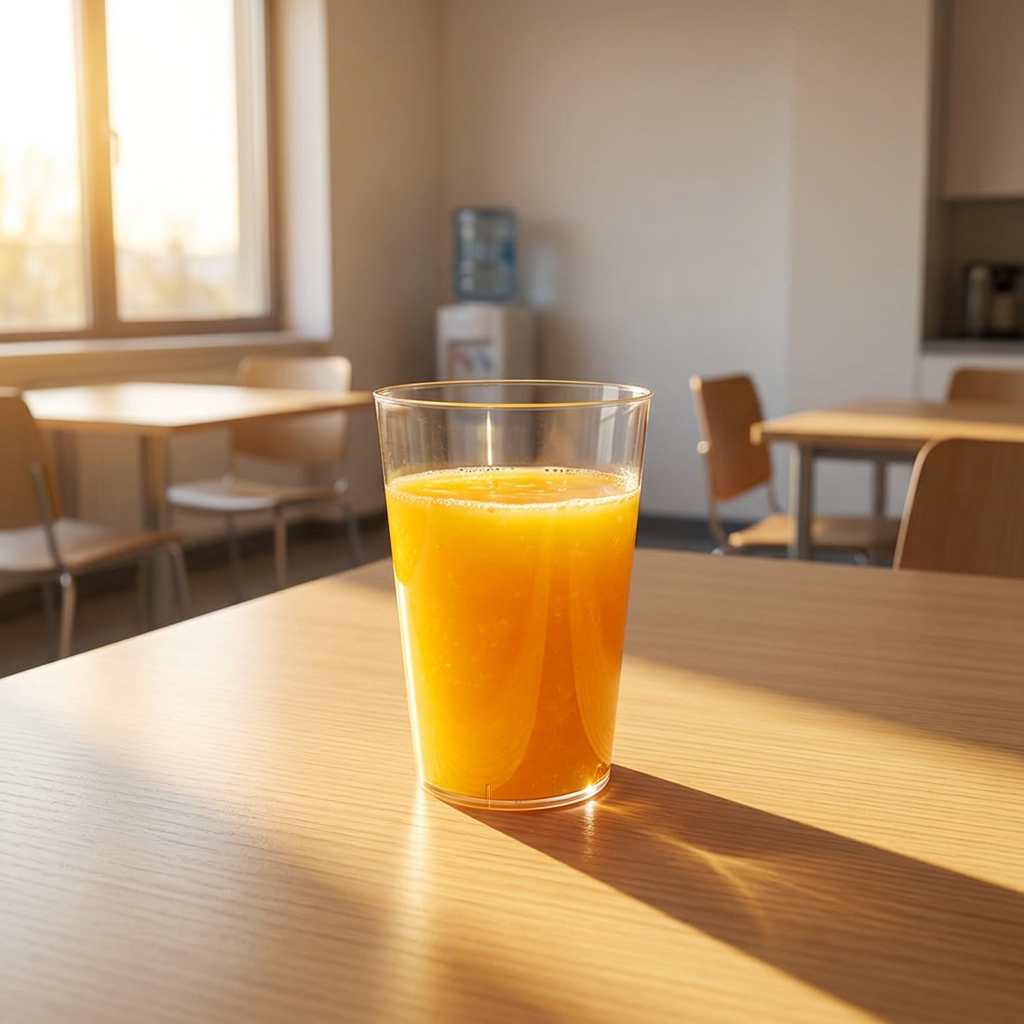 Appelsinjuice i et klart plastglas på et solbeskinnet kantinebord