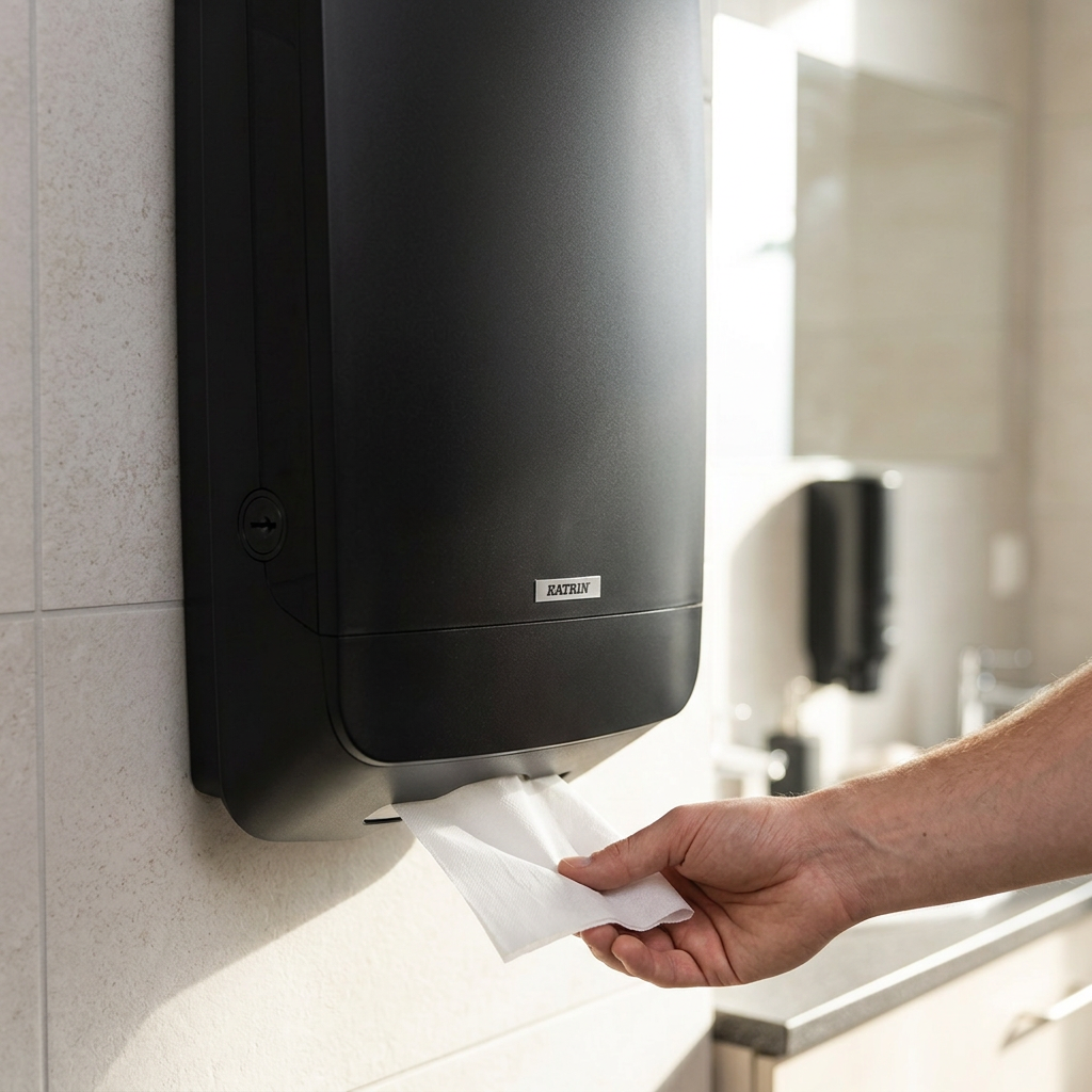 Hånd tager papirhåndklæde fra sort Katrin XL-dispenser