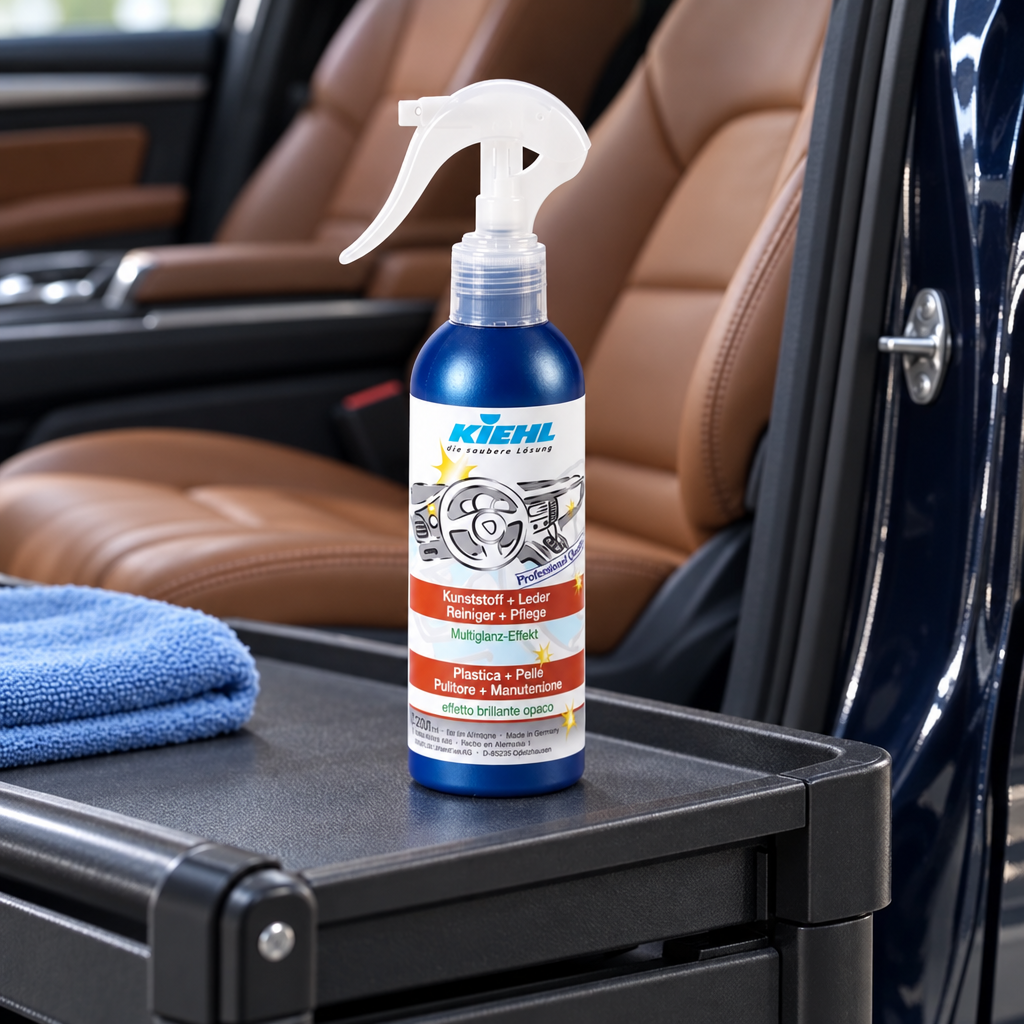 Kiehl Leather og Plasto Care på servicevogn ved åben bildør og lædersæder