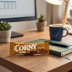 Corny Big Brownie ved kontorpausen med kaffe og notesbog