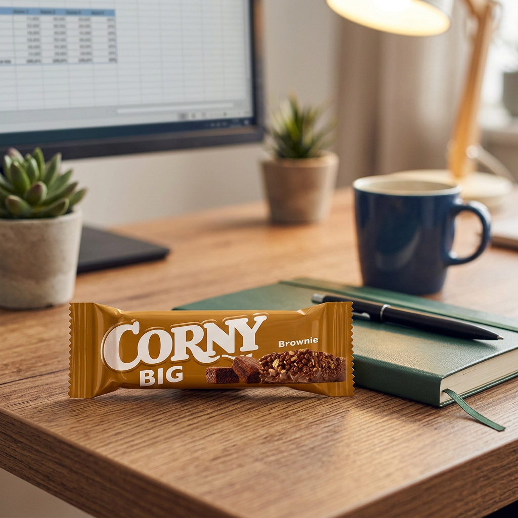 Corny Big Brownie ved kontorpausen med kaffe og notesbog