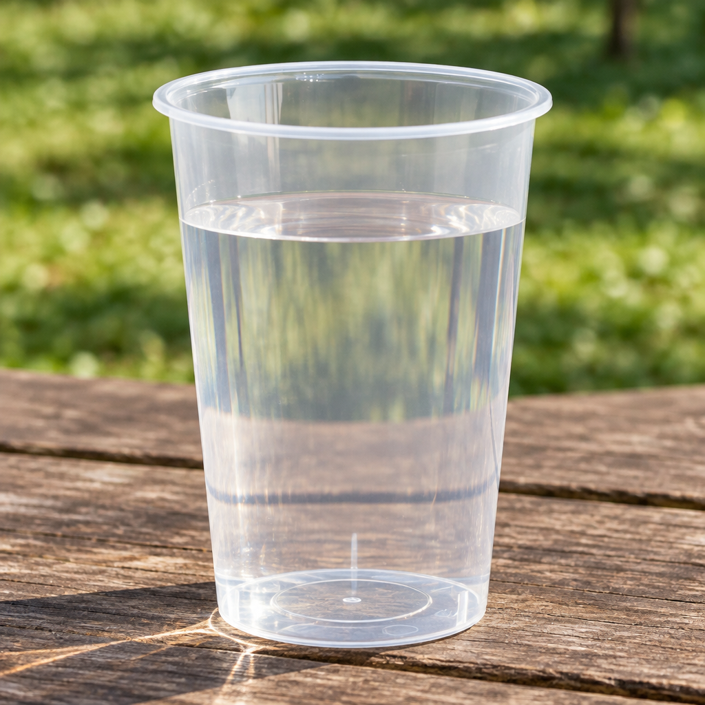Klart PP-drikkeglas med vand på picnicbord