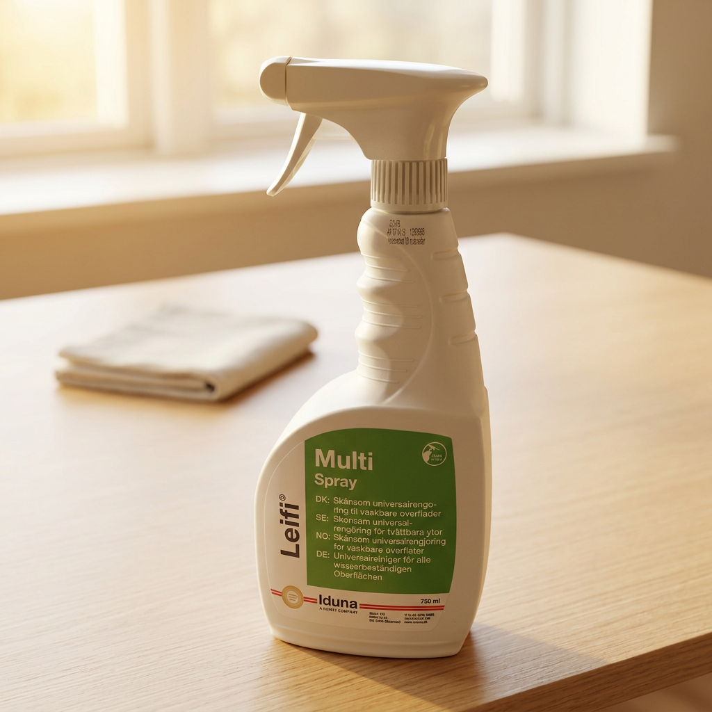 Stemningsbillede af Leifi MultiSpray og en separat klud på sollyst bord