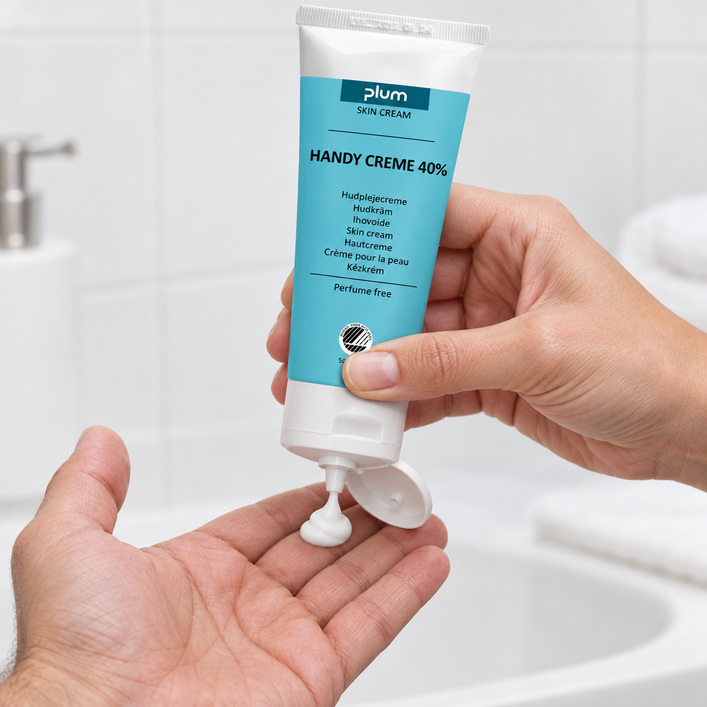 Stemningsbillede: Plum Handy Creme 40 % doseres i en hånd