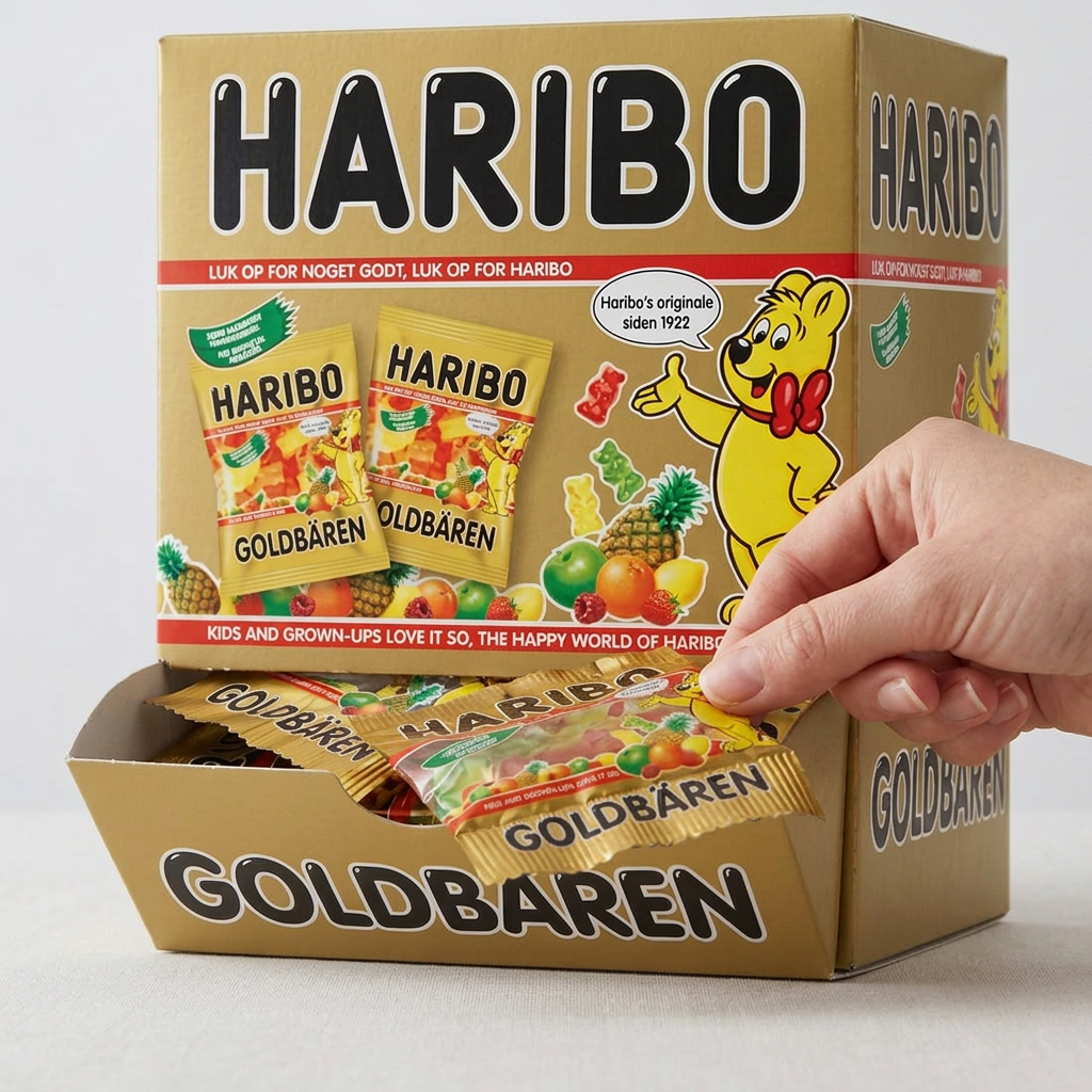 En lukket minipose Haribo Guldbamser løftes fra displayets forreste bakke