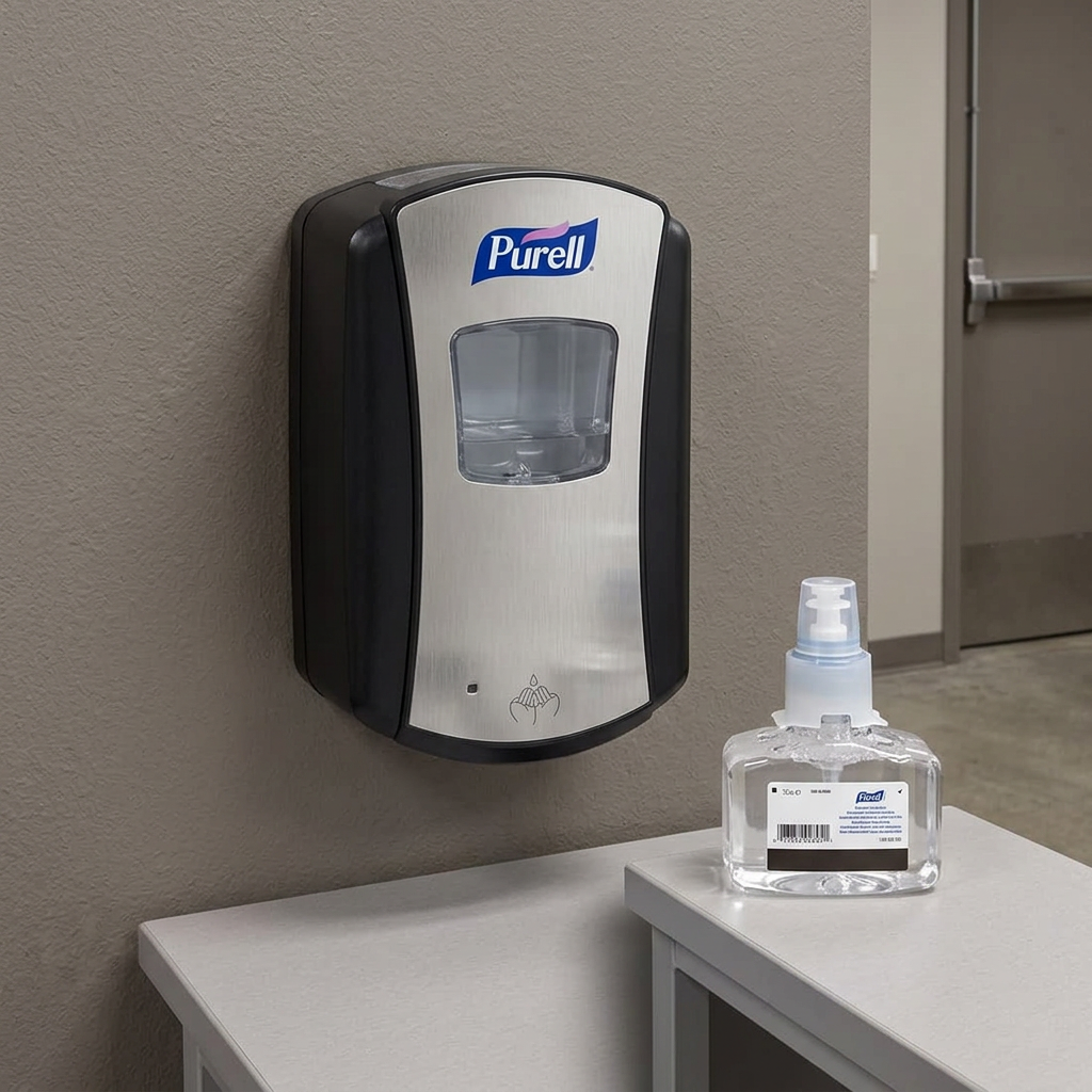 Purell LTX-7 krom/sort ved personalerum med separat skumrefill