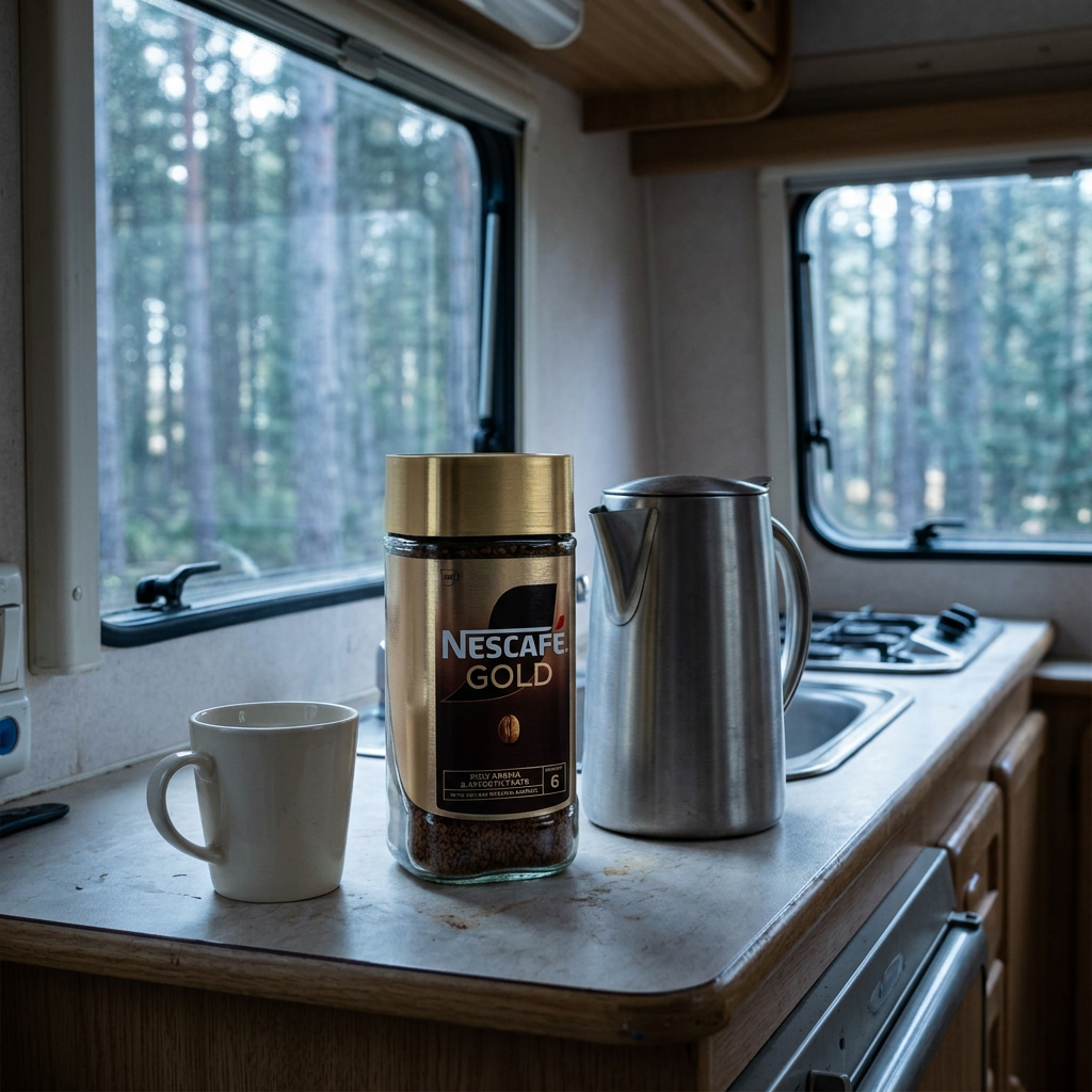 Nescafé Gold 200 g ved kande og kop i campingkøkken; kande og kop er ikke inkluderet