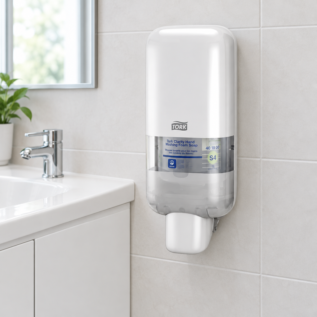Hvid manuel Tork S4 564500 sæbedispenser ved kontorets håndvask
