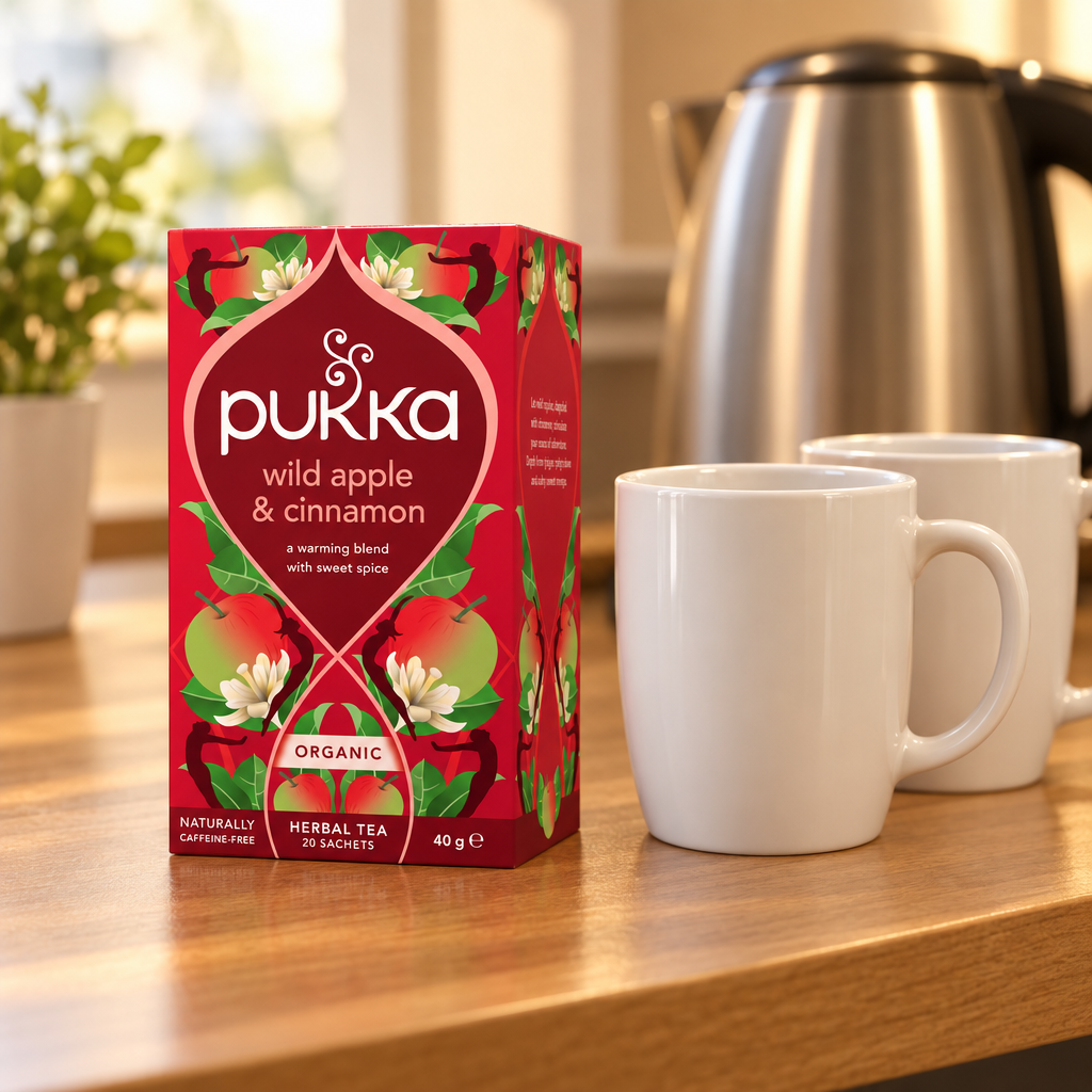 Pukka Wild Apple & Cinnamon ved en testation med to krus og en elkedel