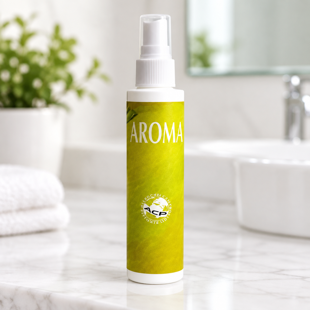 Nærbillede af AROMA citronduftspray i hvid flaske med gul etiket