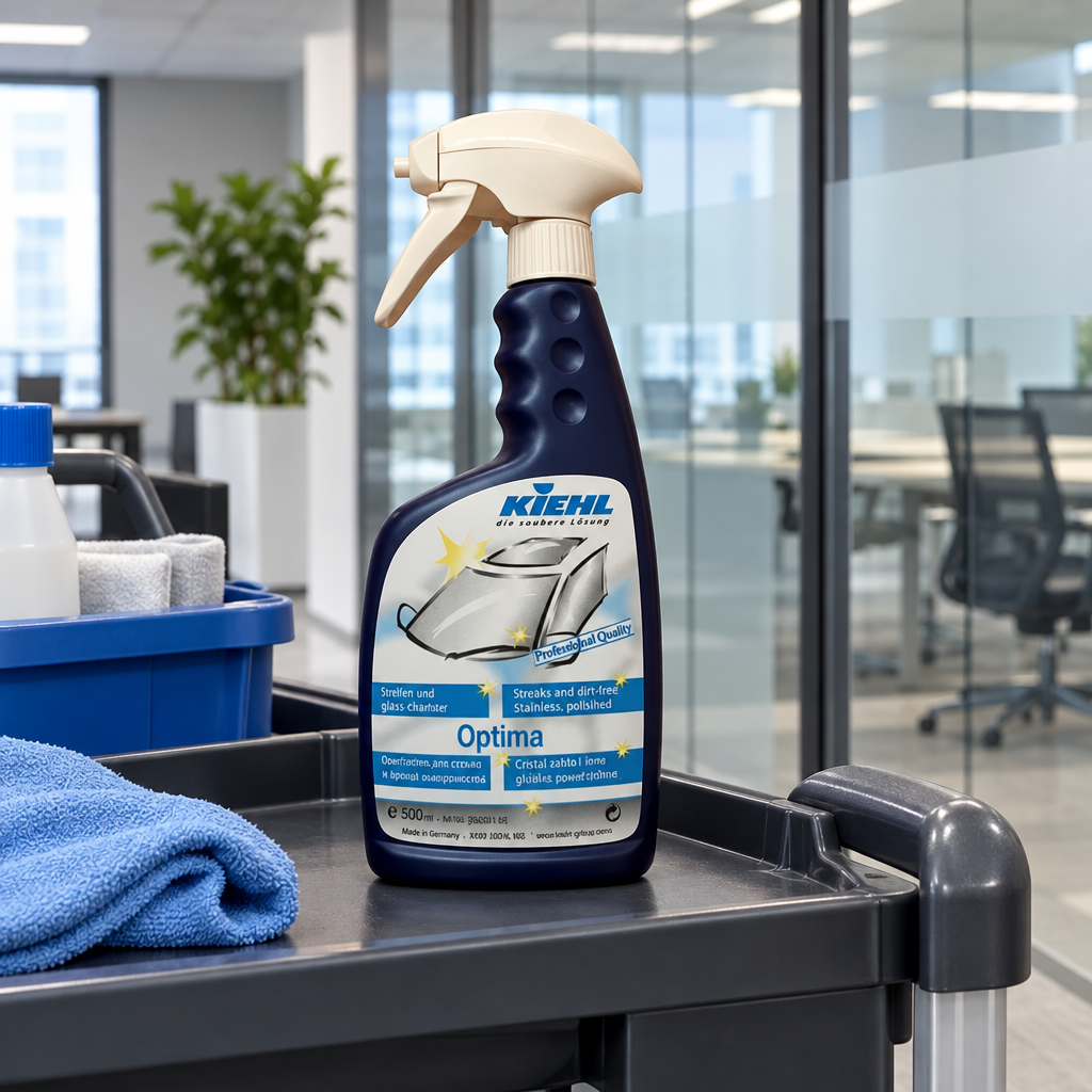 Kiehl Optima 500 ml spray på rengøringsvogn ved glasvæg, stemningsbillede