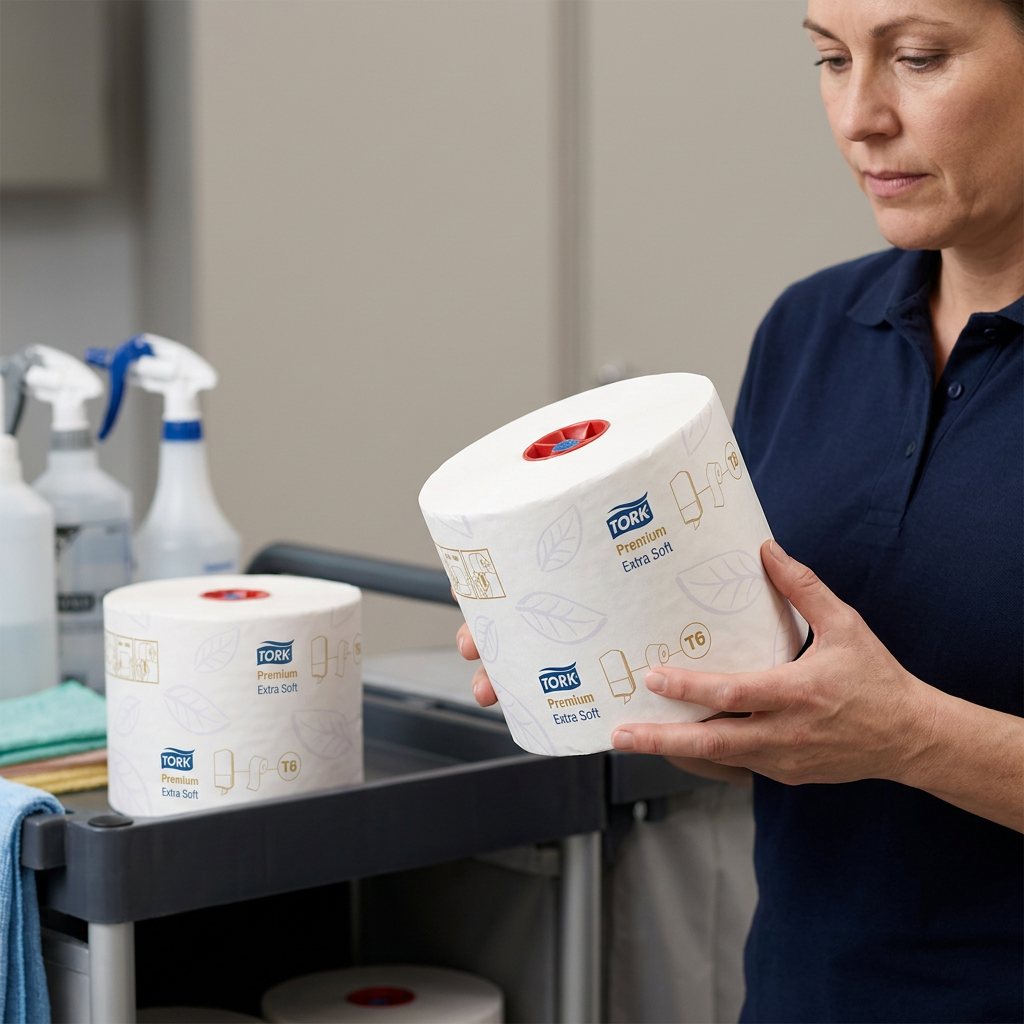 Voksen medarbejder klargør Tork Premium Extra Soft T6-toiletrulle ved servicevogn