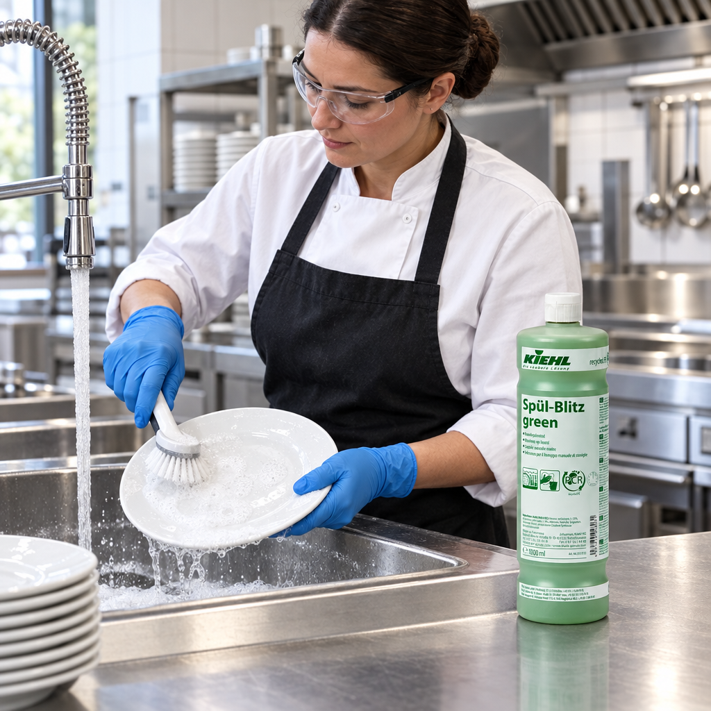 Kiehl Spül-Blitz Green 1 L ved manuel opvask af tallerken i professionelt køkken
