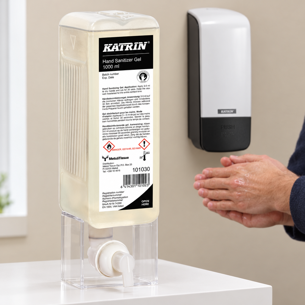 Katrin 101030 gelrefill ved illustreret håndindgnidning og hvid manuel Katrin-dispenser