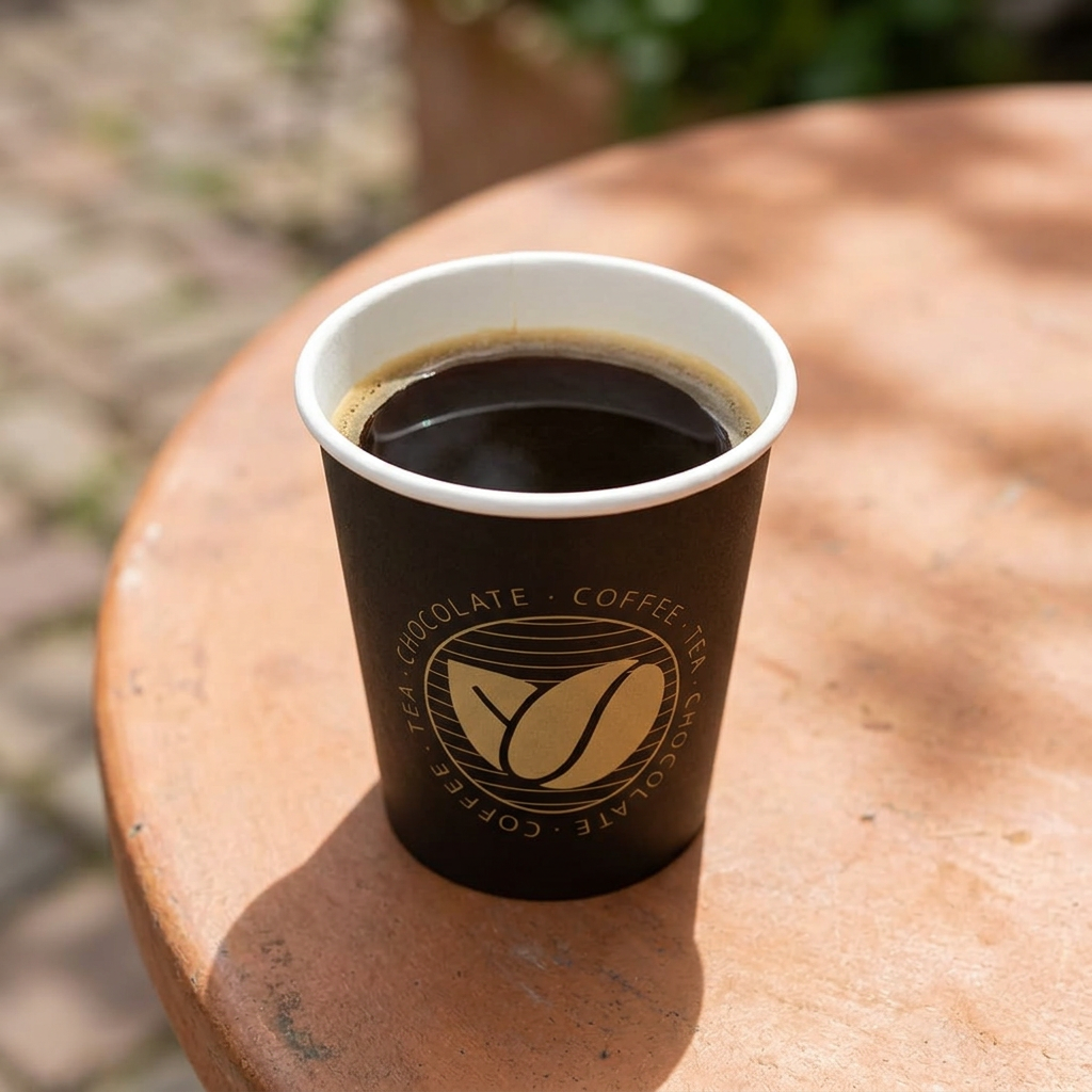Beans-kaffebæger med kaffe på bistrobord i solrig gårdhave