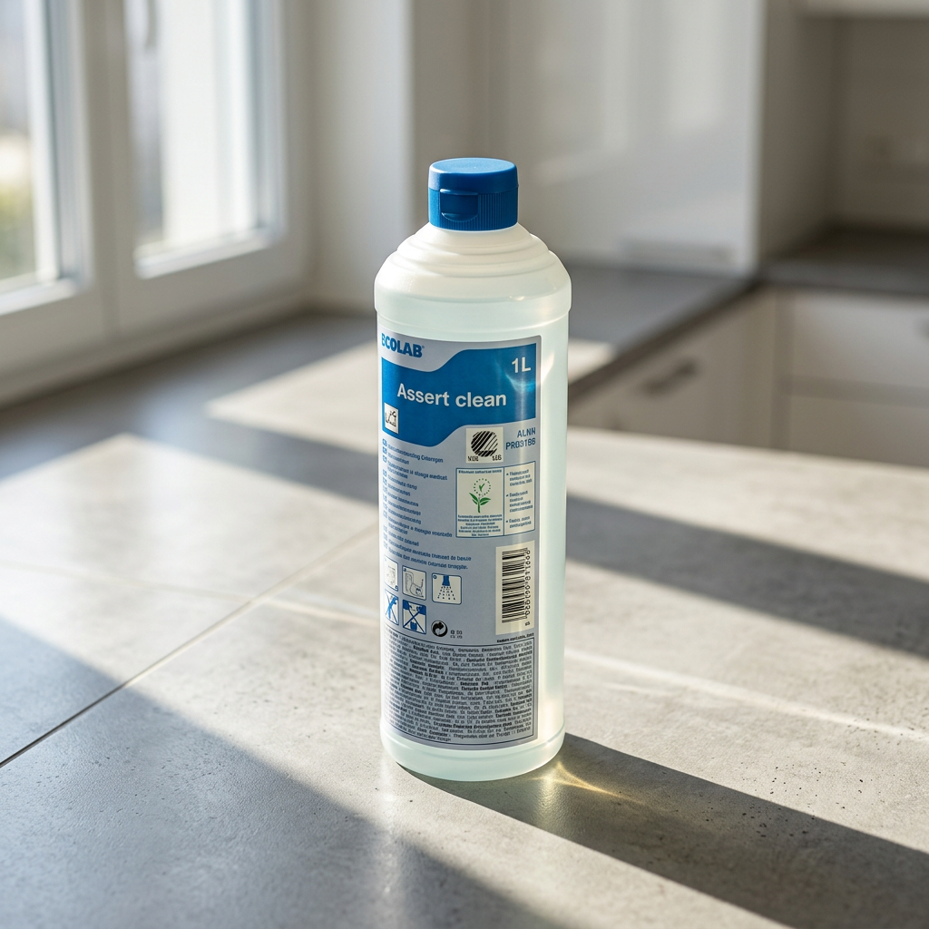 Assert Clean 1-liters flaske på køkkenbord i eftermiddagssol