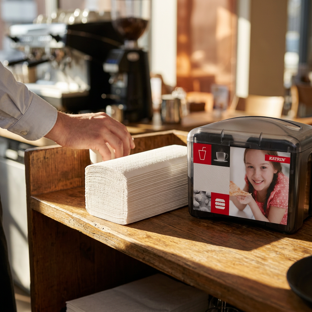 Hvide servietter og illustreret gammel Katrin Easy1-dispenser på serveringshylde, dispenser medfølger ikke