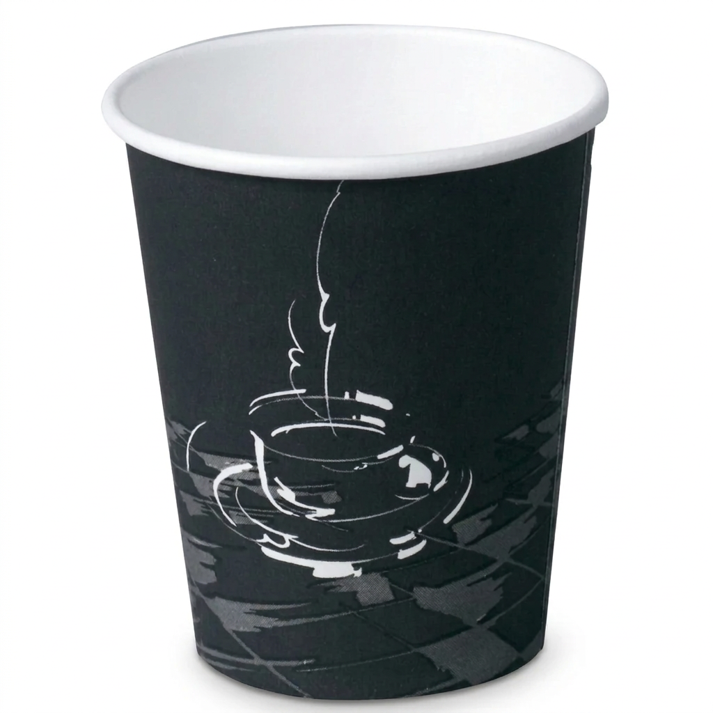 Sort kaffebæger med kaffekopmotiv, 25 cl, Ø80 mm, på hvid baggrund