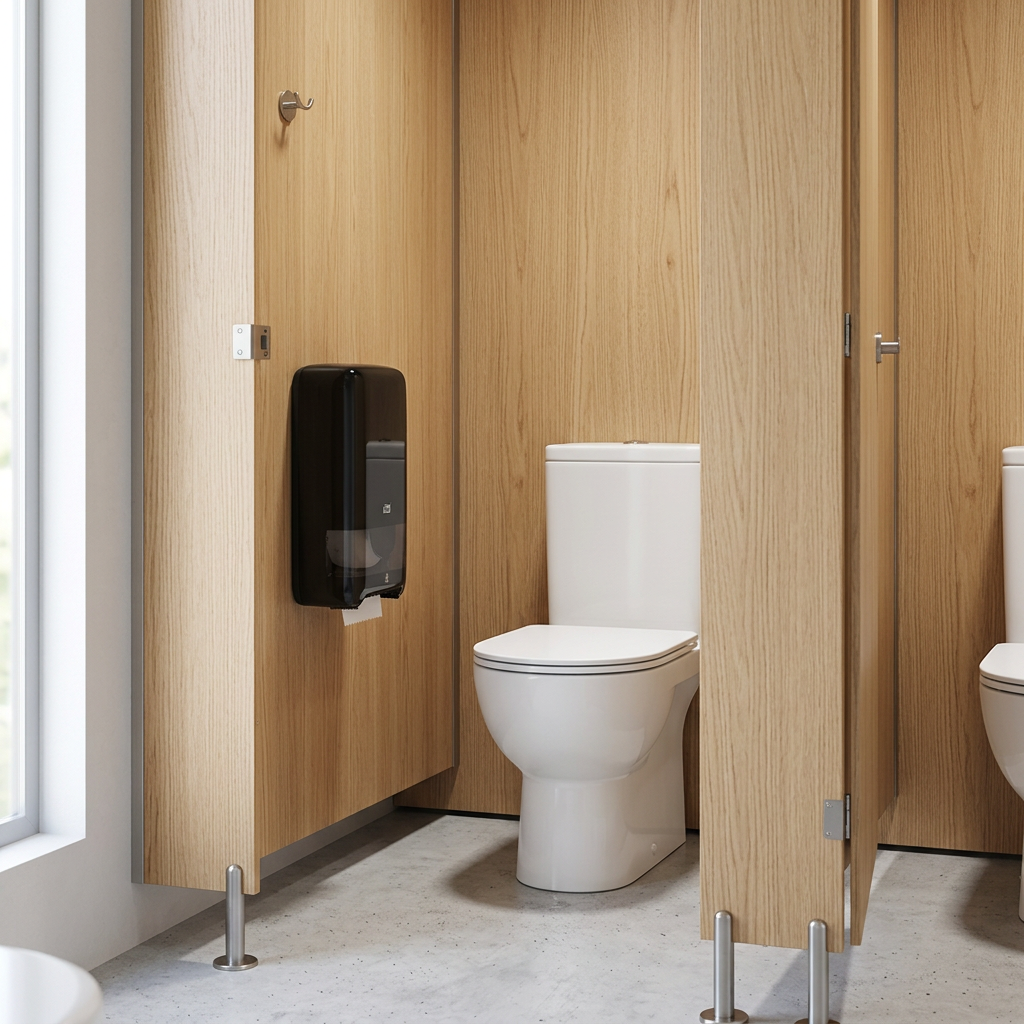 Sort Tork T6 Twin-dispenser i toiletkabine med træskillevægge