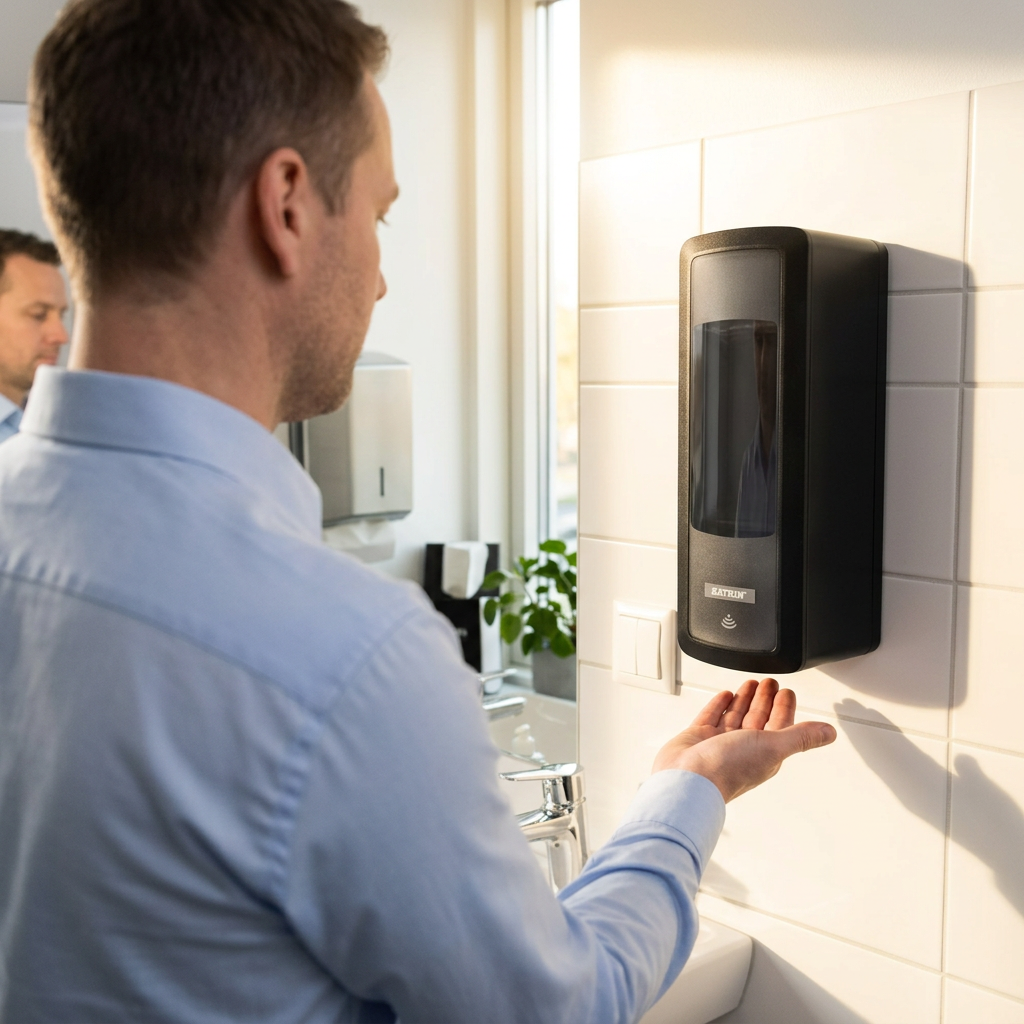 Voksen bruger sort Katrin Touchfree-dispenser ved håndvask