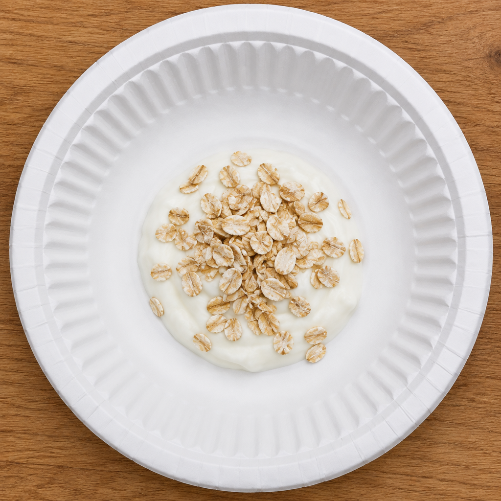 Hvid dyb paptallerken med yoghurt og havregryn