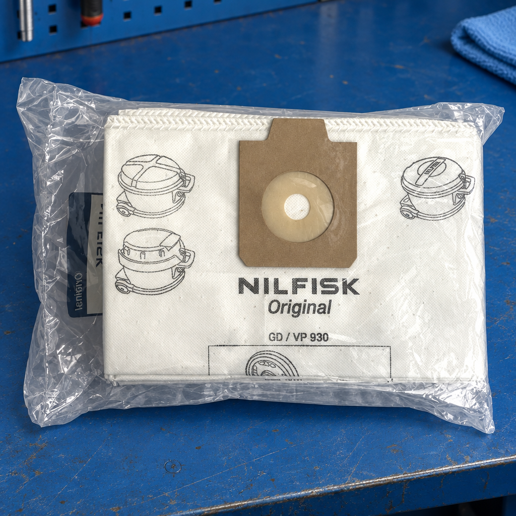Miljøbillede af originale Nilfisk-fleeceposer på blåt arbejdsbord