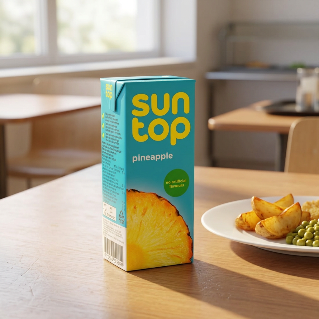 Suntop Ananas på kantinebord ved frokosttallerken