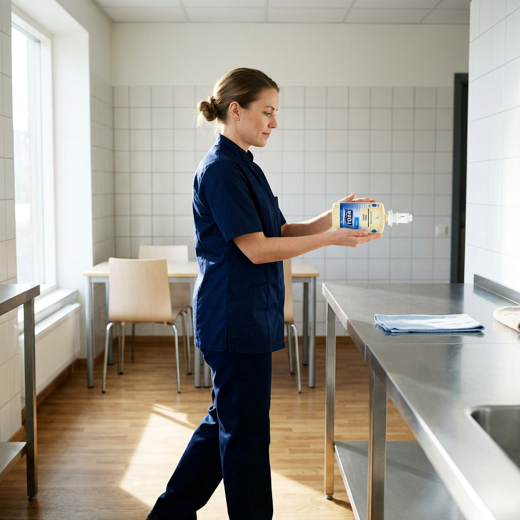 Voksen medarbejder bærer Tork Odor-Control sæberefill i sollyst personalerum