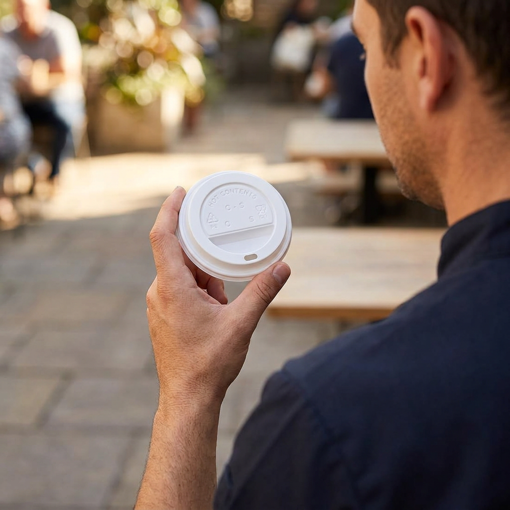 Voksen holder hvidt drikkelåg ved caféterrasse
