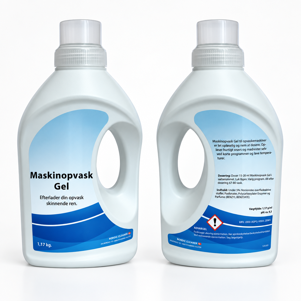 Flaske med maskinopvask gel i produktfoto på neutral baggrund