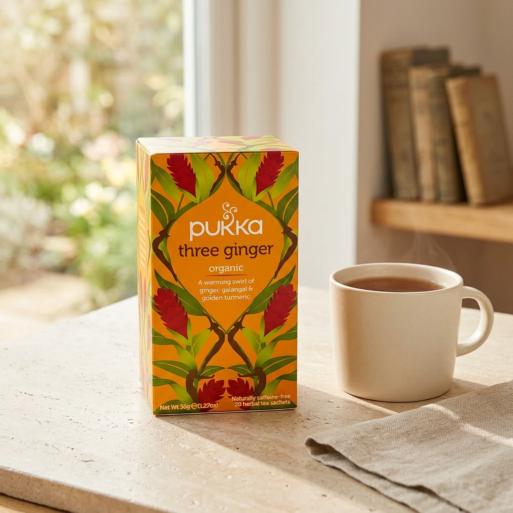 Pukka Three Ginger ved en kop te og en serviet i vindueslys
