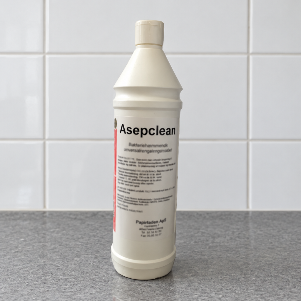 Asepclean 1-liters flaske ved hvide fliser